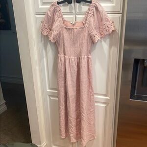 Madewell Lucie Linen Blend Smocked Pink Eyelet Sleeve Dress